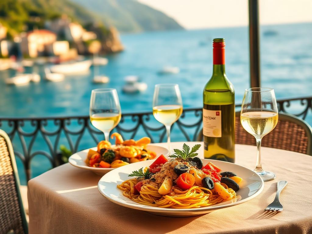 Seaside restaurant table with Italian seafood pasta on the Amalfi Coast